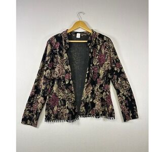 MSK Floral Burnout Cardigan XL Black Burgundy Gold Beaded Fringe Open Front